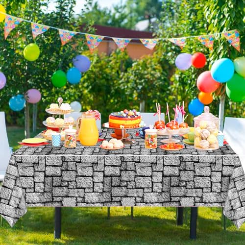 2 Pack Stone Wall Tablecloths - Medieval Brick Stone Plastic Table Cover for Halloween & Parties Variation of Stone / 2 Pack