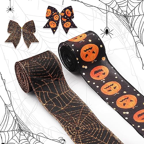 Halloween Fabric Ribbons with Spider Web Pumpkins Black & Gold Wired Decor Set - 5 Yards
