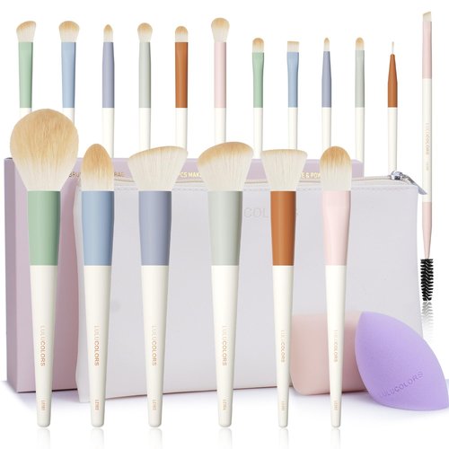 LULUCOLORS Colorful Series 18-Pcs Makeup Brush Set with Soft, Cruelty-Free Synthetic Bristles, Wooden Matte Handles, 2 Latex-Free Makeup Sponges & Travel Storage Bag – Face & Eye Brushes for Makeup