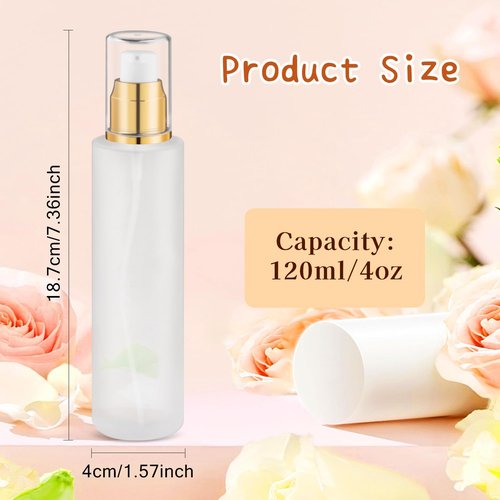 8 Pcs 120ml/4oz Frosted Glass Bottles Refillable Pump Dispenser Jar Travel Lotion Vials with Plastic Pump Head for Toiletry Liquid Foundation Cream Cosmetic Samples - Gold