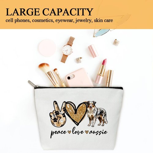 Dog Lover Gifts Makeup Bags for Women, 1 Pack Cosmetic Travel Toiletry Bag, Australian Shepherd Dog Gifts for Women Dogs Mom Pet Lover Puppy Owner, Doggy Cosmetic Bag Pouch - Peace Love Aussie - L721