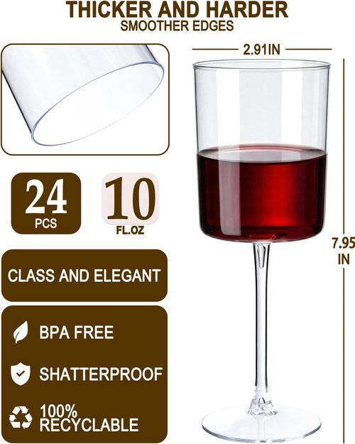 Ciaell 12 Pack Clear Plastic Wine Glasses - 10 Oz Disposable Stemmed Glasses for Parties & Events