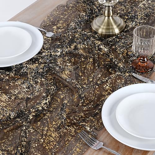 Black Gold Metallic Foil Table Runner 12pcs 28x120 Inches - Sheer Gauze Fabric