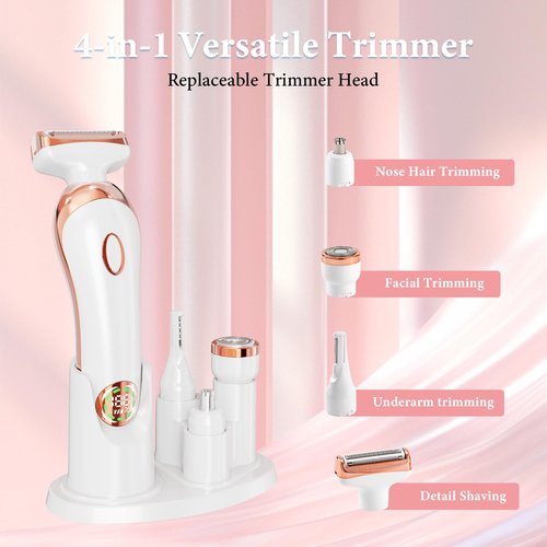 Bikini Trimmer for Women,4-in-1 IPX6 Waterproof Electric Shaver,USB Cordless Painless Electric Razors with LED Display for Legs Bikini Facial Hair Removal, Body Wet&Dry Use Razor Kit for Lady Grooming