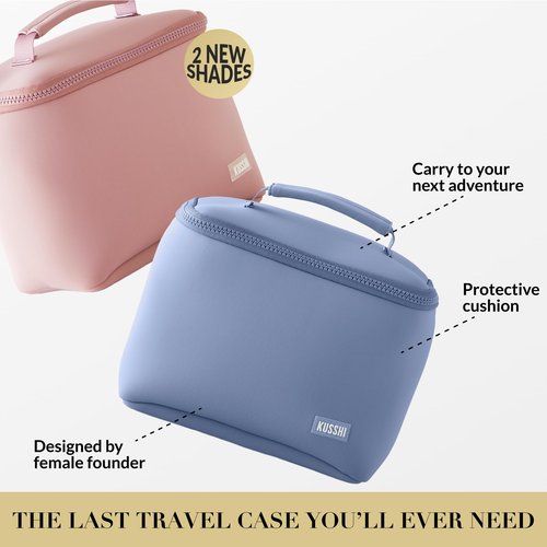 KUSSHI Neoprene Train Case Makeup Bag - Washable Makeup Travel Bag & Vanity Case for Stress Free Travel (Small, Pearl Blue/Sand Pink)
