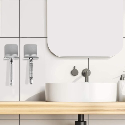 Linkidea 8 Pack Wall Mount Shower Razor Holder Bulk Pack, Wholesale Multi-Pack Self Adhesive Shaver Hooks, Stainless Steel Hanger Compatible with Vikings, Merkur Double Edge Safety Razor(Silver)