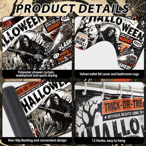 Gothic Skull Halloween Shower Curtain Set with Toilet Seat Cover Bath Rug & Hooks - Vintage Style