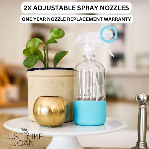 Just Like Joan Clear Glass Spray Bottle with Silicone Sleeve for Cleaning Solutions, Essential Oils, Plants, Vinegar - 16 oz, Refillable, Food Safe (2-PACK: Blush Pink & Pure White)