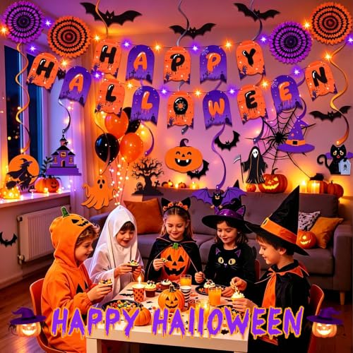 Halloween Party Banner with Lights and Decorations - Spooky Festive Decor