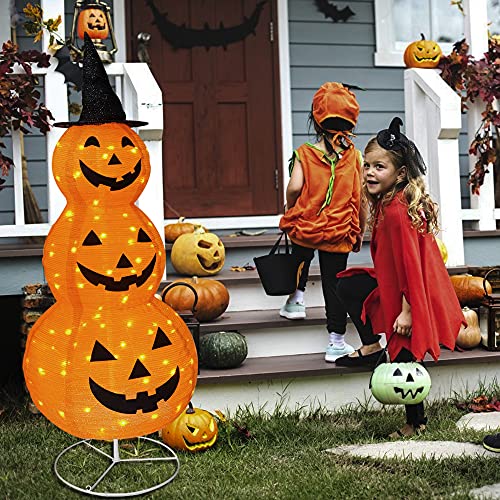 5FT Collapsible Halloween Pumpkin Decoration with Pre-Lit Lights and Metal Stand