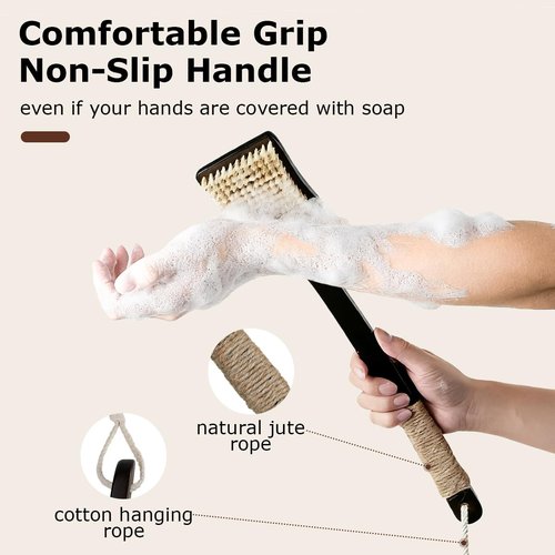 Shower Back Scrubber with Curved Long Handle Medium-Hard Natural Boar Bristles Back Scrubber for Shower for Men and Women Body Brush Exfoliator Set with Foot File(2 Pack)