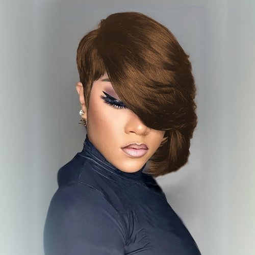SAEIALL Short Pixie Cut Wig for Black Women Black Pixie Human Hair Chocolate Brown Short Wigs for Women Soft Real Human Hair Glueless Layered Wigs with Bangs Full Machine Made (Brown)