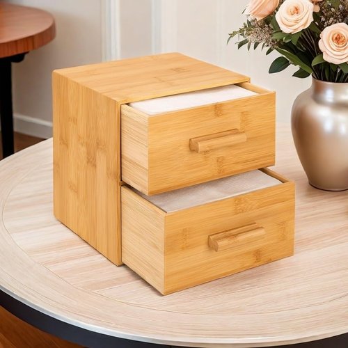 Bamboo Box with Makeup Remover Wipes, 50 XL Disposable Towels, Wash Cloths for Face and Body, Double-drawer Container for Face Towelettes