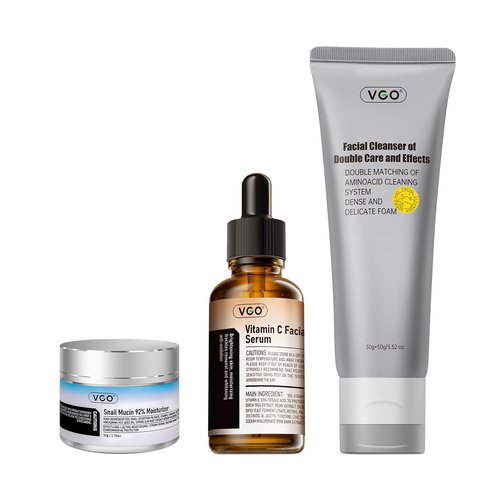 VGO Skin Care Set - Snail Mucin Moisturizer 1.76 Oz, Vitamin C Serum 1.01 Oz & Facial Cleanser 3.52 Oz | Vegan & Cruelty-Free Daily Routine for Sensitive Skin
