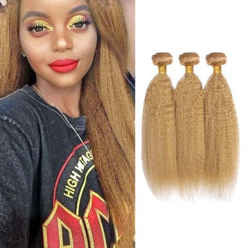 Blonde Bundles Human Hair Yaki Straight Bundles 14 16 18 Inch 3 Bundle Unprocessed Brazilian Virgin Hair #27 Honey Blonde Kinky Straight Human Hair Extensions 50 Gram Per Bundle