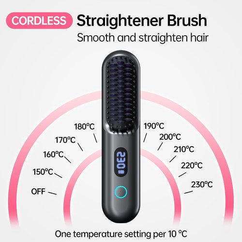 Skiennix Cordless Hair Straightener Brush - Portable Comb with 9600mAh Battery, Plasma Tech, 9 Temp Settings | Grey