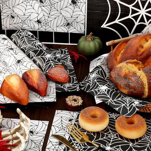 Halloween Wax Paper Wraps - Black & White Spider Web Design, 100 Pack, 9.8x8.3 inches, Waterproof & Oil-Proof Food Liners, Party Decor