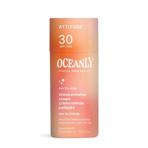 ATTITUDE Oceanly Tinted Shimmer Face Cream Stick - SPF 30, EWG Verified, Plastic-Free, Universal Tint, 0.3 Ounce
