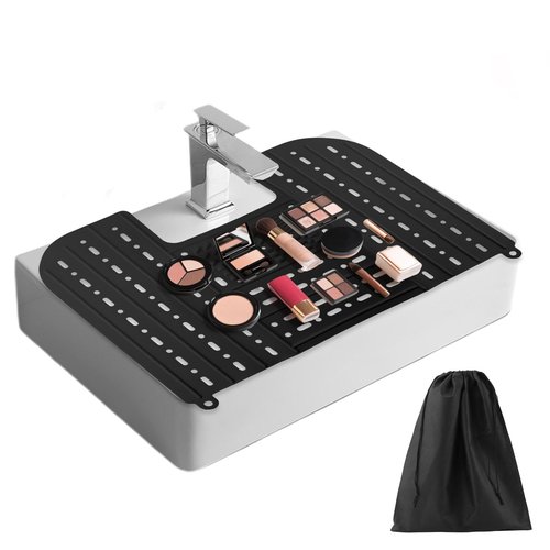 Kryslanix Bathroom Sink Cover for Counter Space With Storage Bag, 22 * 17" Foldable Sink Cover,Silicone Beauty Makeup Brush Cleaning Mat,for Counter Space & Storage Saver(black)