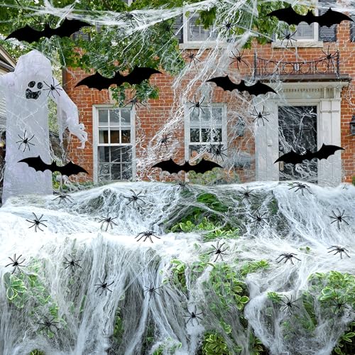 White 1100 Sqft Halloween Spider Webs Decoration with 60 Spiders & 12 Bats