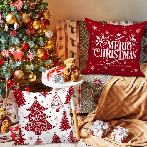 Christmas Pillow Covers Set of 4 22x22 Inches - Red & White Snowflake Decorative Cushion Covers for Sofa, Bed, Home Winter Decor Variation of Red / 22" x 22"