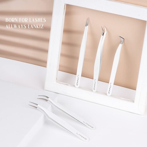 Lash Tweezers for Eyelash Extensions, Lankiz Eyelash Tweezers for Lash Extensions Stainless Steel Straight and Curved Volume Lash Tweezers Set Kit (3PCS-White)