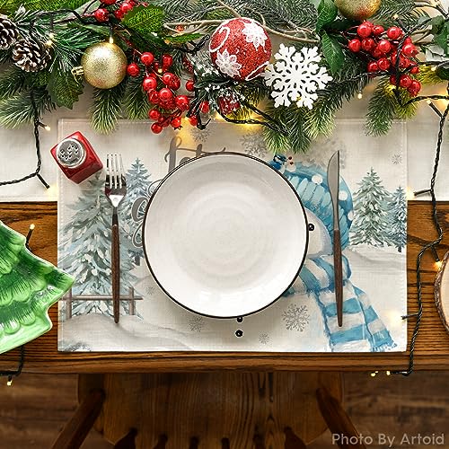 Christmas Table Mat Set with Table Runner - Snowman Snowflake Holiday Decor, 6 Pieces