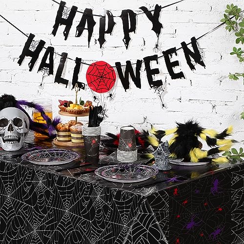 Halloween Spider Web Plastic Tablecloth 54x108 Inch Waterproof Disposable Black - 3 Pack