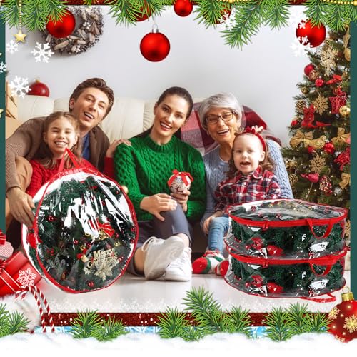 Christmas Wreath Storage Bag - Clear Plastic Container 24 Inch for Decorations - Variation of Red / 6