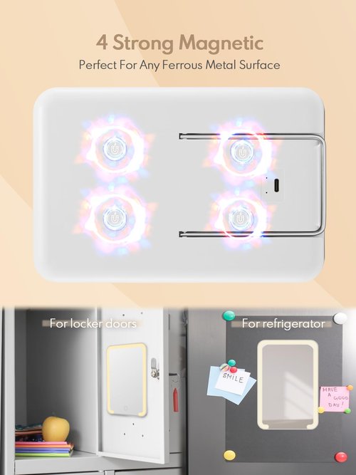 Qislee Magnetic Locker Mirror, 8 x 5 inches Travel Makeup Mirror with Light and Foldable Stand, 3 Color Modes Touch Dimming, Perfect Travel Accessory, White