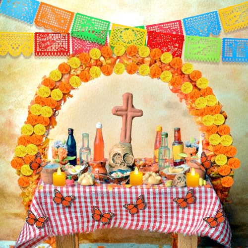 Day of the Dead Decoration Set with Marigolds Butterflies Candles Banner - Dark Orange & Yellow