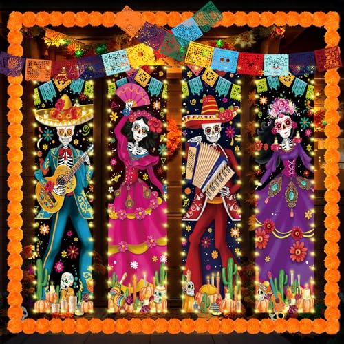 Day of the Dead Decorations Set with LED Banners & Marigolds - Halloween Festival Decor
