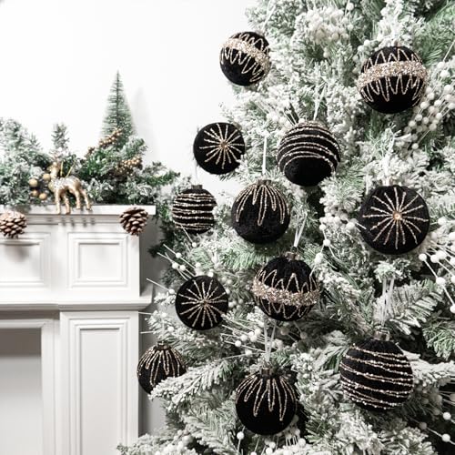 Hismir Velvet Christmas Tree Ornaments - Black 3.15 Inch 12 Pcs Xmas Balls Set