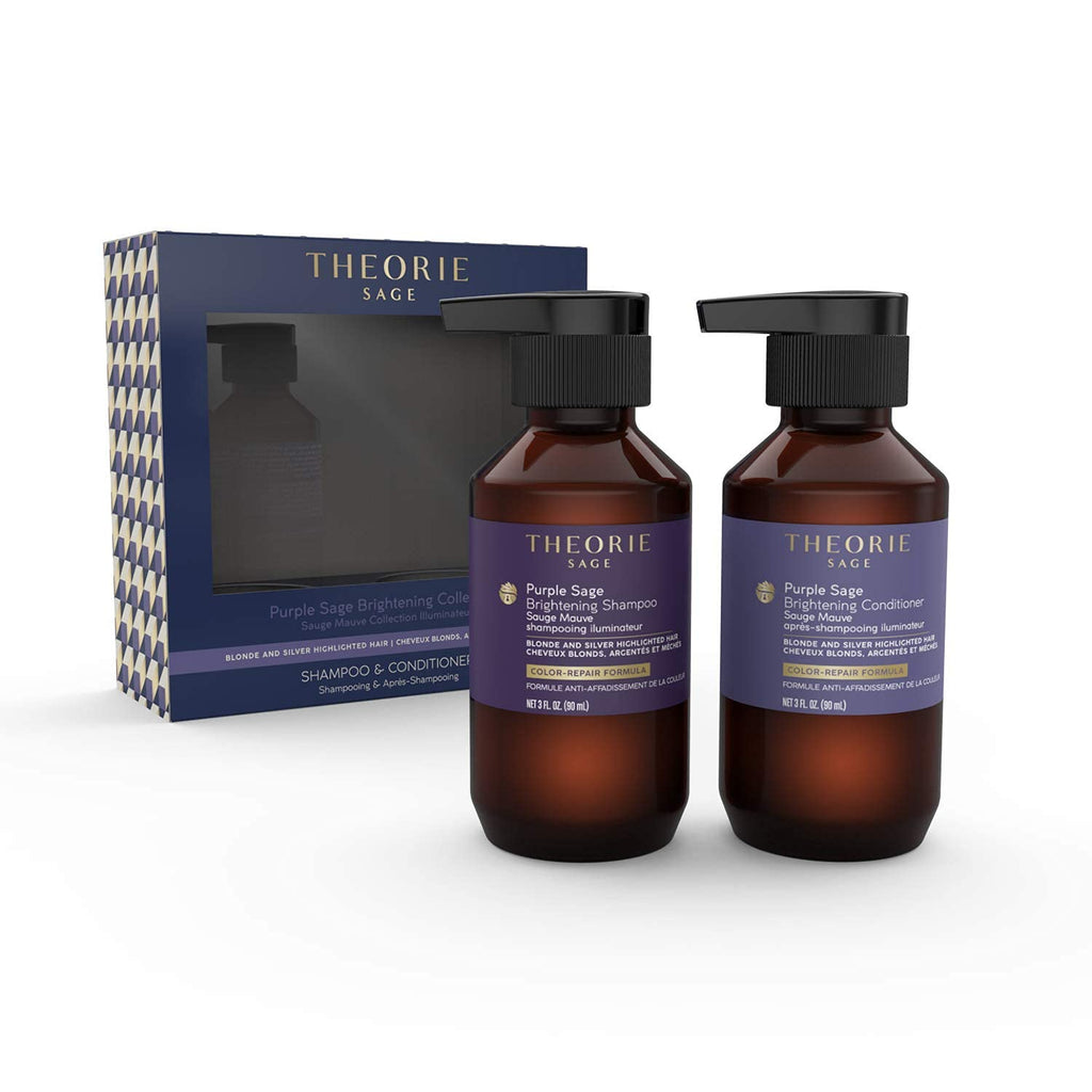 Theorie Purple Sage Travel Set - Brightening Shampoo & Conditioner Minis - Color Repair Formula | 90mL Bottles for Blonde & Highlighted Hair