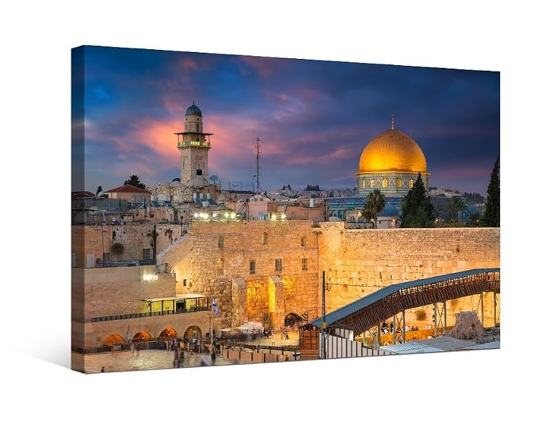 Jerusalem Wall Art Canvas - Dome of the Rock & Western Wall Sunset Scene, 16x24 Inch, Ready to Hang