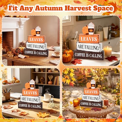Fall Wooden Decor Set - Leaves Falling and Coffee Is Calling - Rustic Autumn Table Decorations