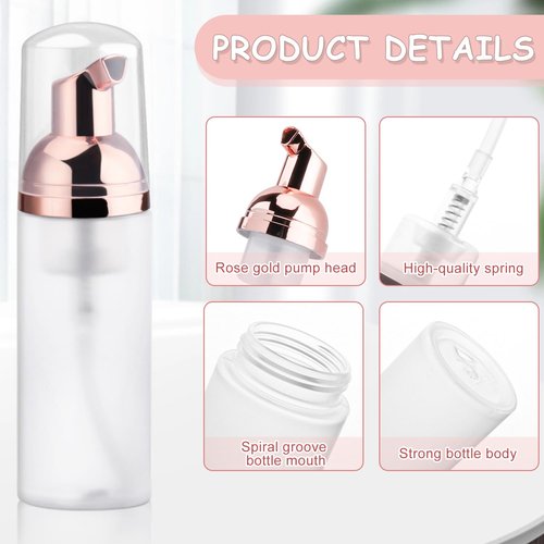 BOSMIOW 5PCS 50ml/1.7oz Clear Plastic Frosted Foam Bottles with Rose Gold Pump Head Empty Mini Soap Dispenser Refillable Mousse Bottles for Shampoo Shower Gel Hand Soap Foaming