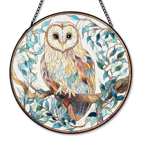 Owl Bird Stained Glass Sun Catcher - Indoor Window Hanging Decor - 7.8 Inches - Variation: Owl