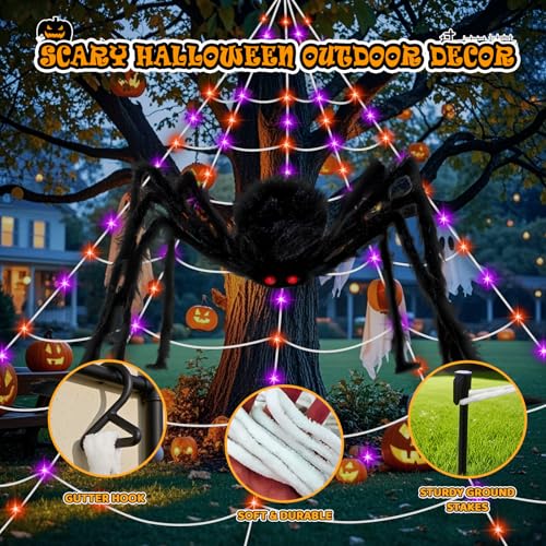 Halloween Spider Web Lights Decoration - 250 LED 16.4Ft Outdoor Web with 8 Modes & 5Ft Giant Spider - Stretch Cobweb for Yard Garden Haunted House - Lighting Spider Web