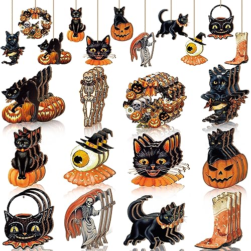 Halloween Tree Ornaments Set - Wooden Pumpkin Skull Cat Decorations, 36 Pcs