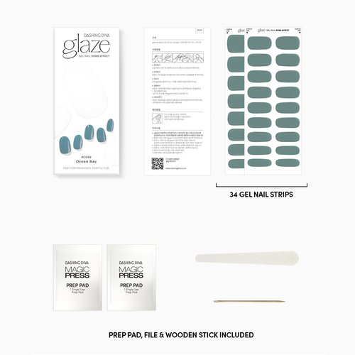 Dashing Diva Glaze Nail Strips - Ocean Bay | Works with Any LED Nail Lamp | Long Lasting, Chip Resistant, Semicured Gel Nail Strips | Contains 34 Salon Quality Blue Nail Wraps, 1 Prep Pad, 1 Nail File