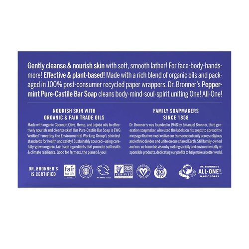 Dr Bronner's Pure Castille Peppermint Bar Soap, 5 Ounce (Pack of 6)