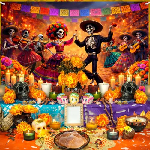 AIBIIN Day of the Dead Photo Backdrop Banner 6x3.6ft - Orange