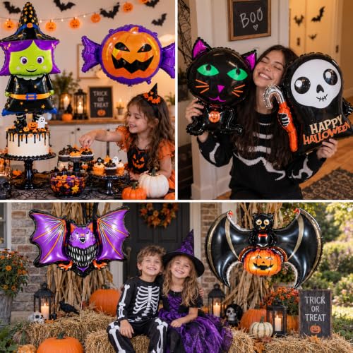Large Halloween Foil Balloons Set - Bat, Witch, Pumpkin, Black Cat, Skeleton, Ghost & Spider Decorations