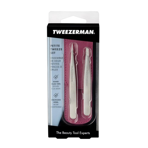 Tweezerman Petite Tweeze Set with Travel Case - Point and Slant Tweezers, Tweezers for Travel (Pink Case)