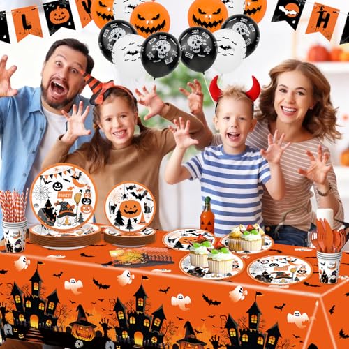 Halloween Party Supplies Set - 148 Pcs Pumpkin Theme Plates Cups Cutlery Balloons Banner