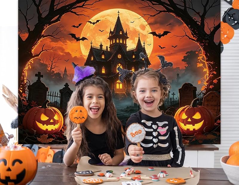 Orange Full Moon Halloween Backdrop 10x8ft for Party Photo Booths - LTDKAEN