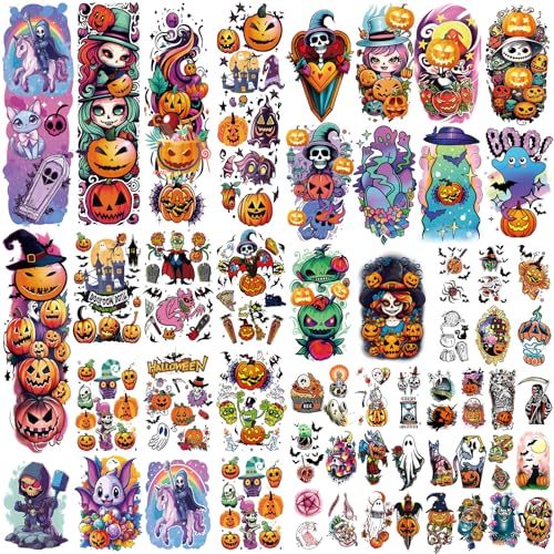 Halloween Temporary Tattoos for Kids - Full Arm Sleeve Pumpkin Design, 52 Sheets, Water-Resistant Fun