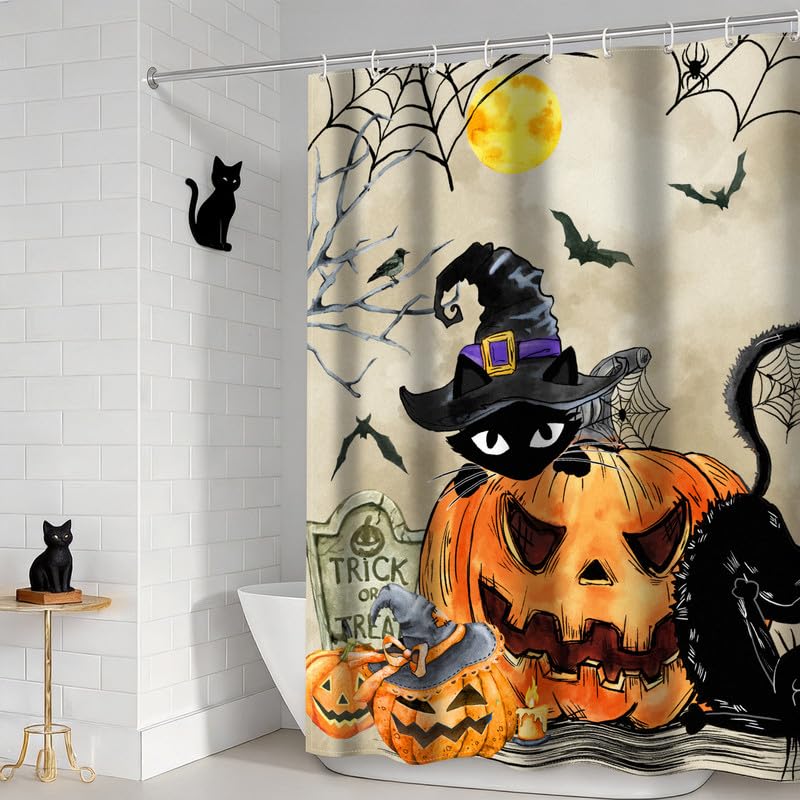 Halloween Shower Curtain Black Cat Pumpkin Waterproof Fabric Bath Decor - Black Cat Variation