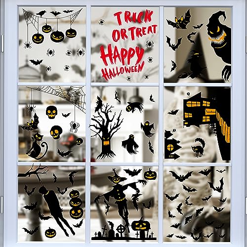 Halloween Window Decoration A - 9 Sheets 87pcs Static Stickers Pumpkin Bat Spider